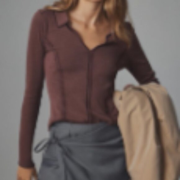 Pilcro Anthropologie Collared V-neck Stitch Detail Top - Picture 2 of 8